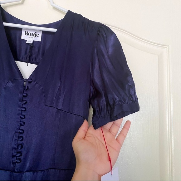 Rouje Jumpsuit Line Satin Buttoned Puff-Sleeve Navy Wedding Marine 34 NWT - Picture 5 of 10